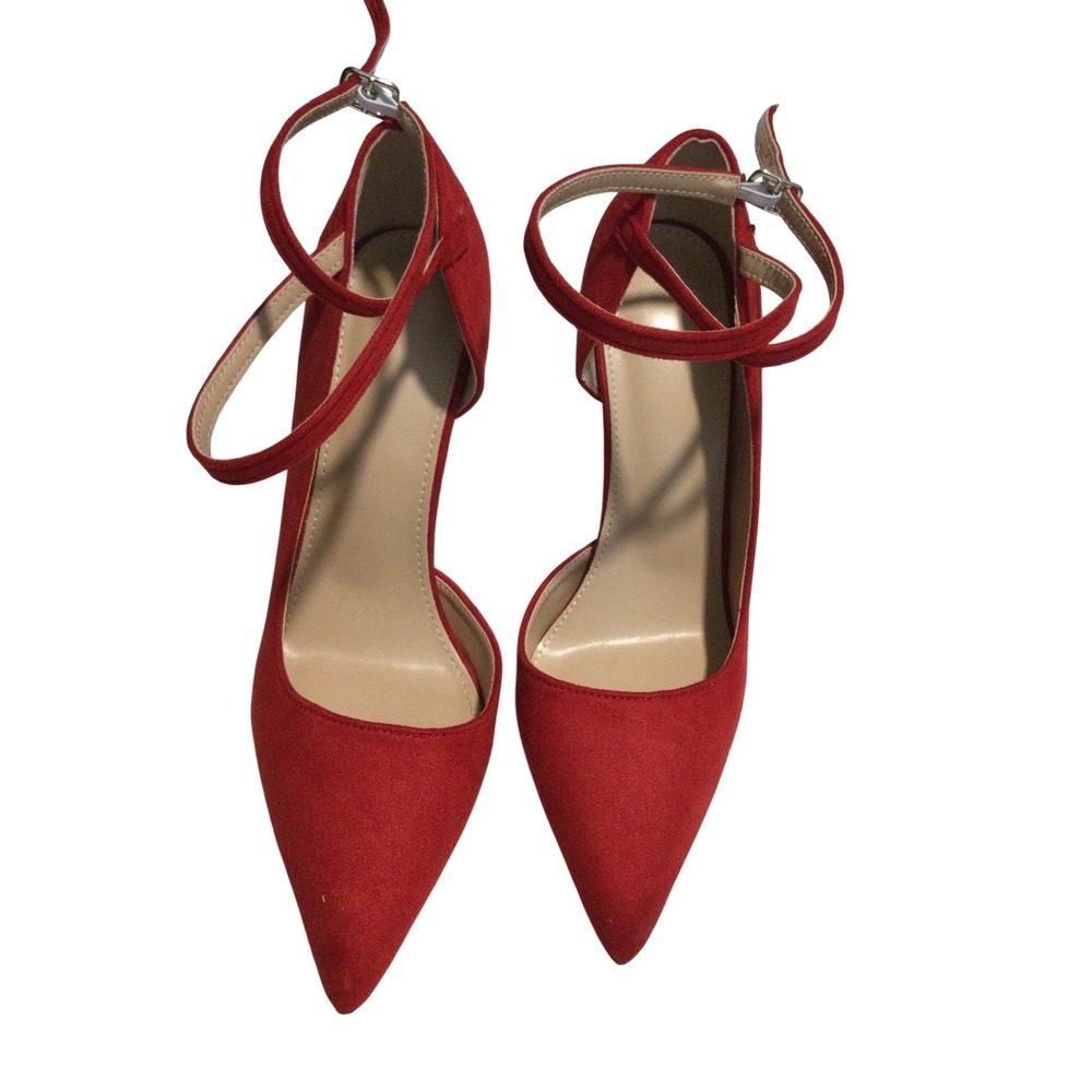 Red Faux Suede Pointed Toe Ankle Strap D'Orsay High Heel Pumps Size 39